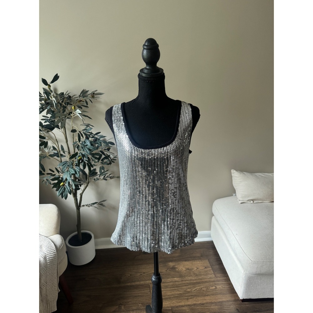 Bisou Bisou Silver Sequin Front Black Ribbed Cotton Tank Top Large L Scoop Neck